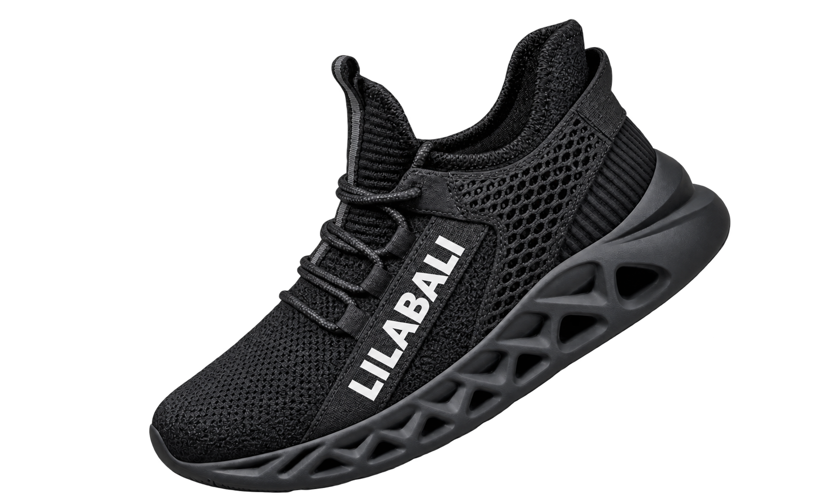 Black running shoe with bold LILABALI lettering