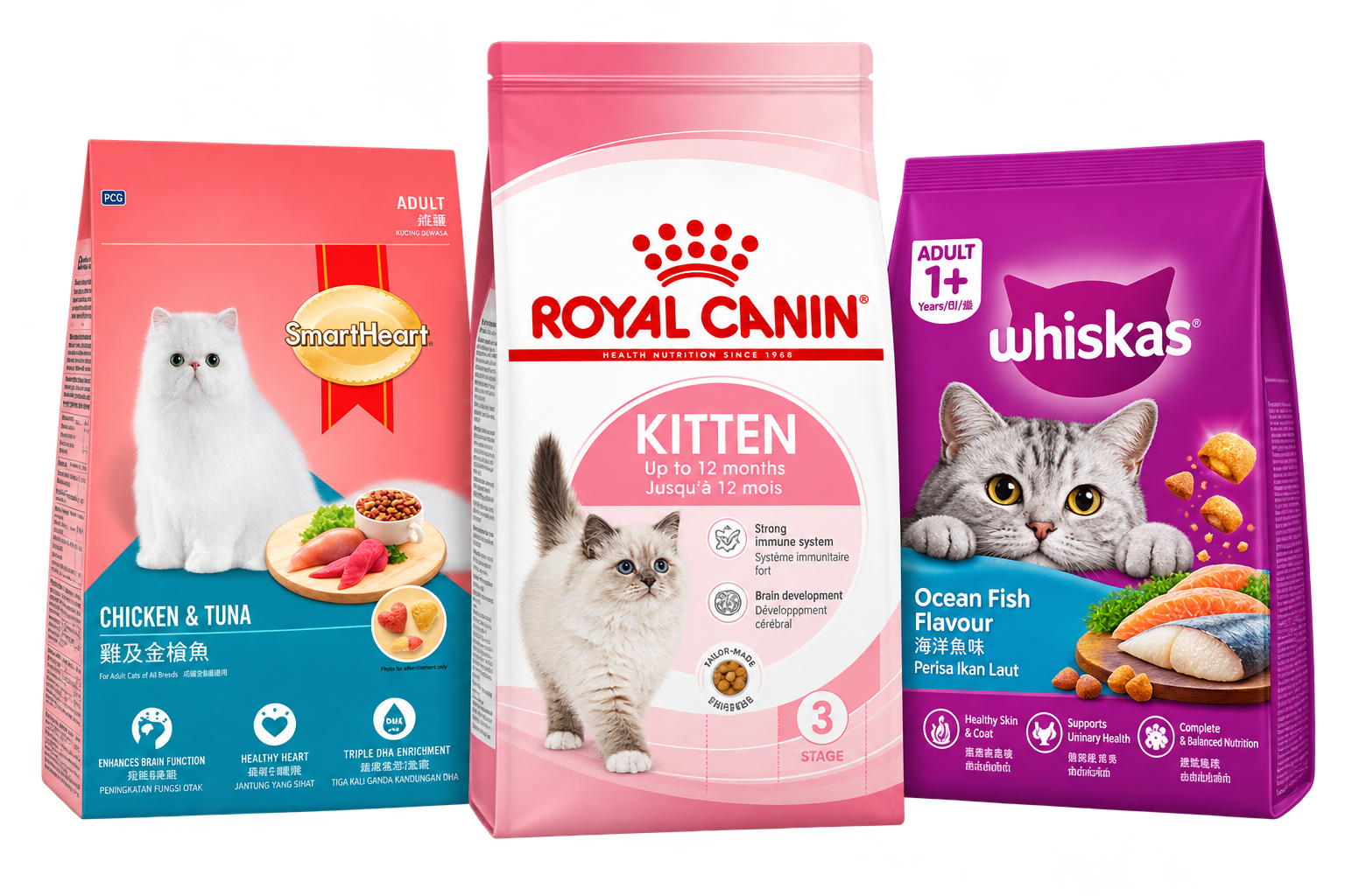 SmartHeart, Royal Canin and Whiskas cat food