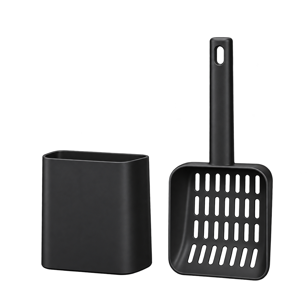 Black cat litter scoop with holder